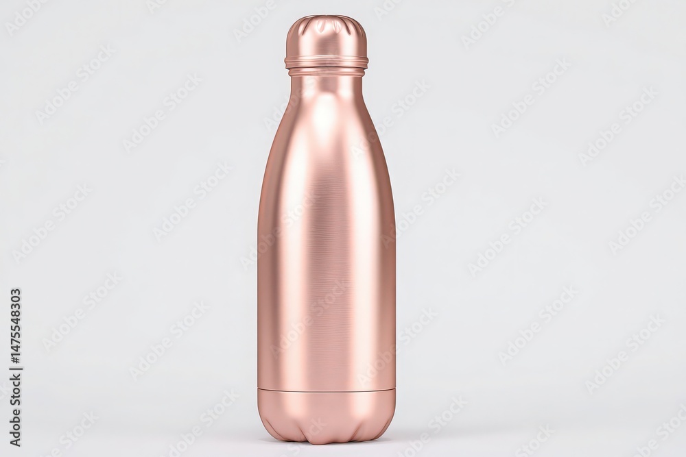 A sleek rose gold water bottle stands upright against a neutral background, showcasing its elegant design. Ideal for staying hydrated during workouts or daily activities.