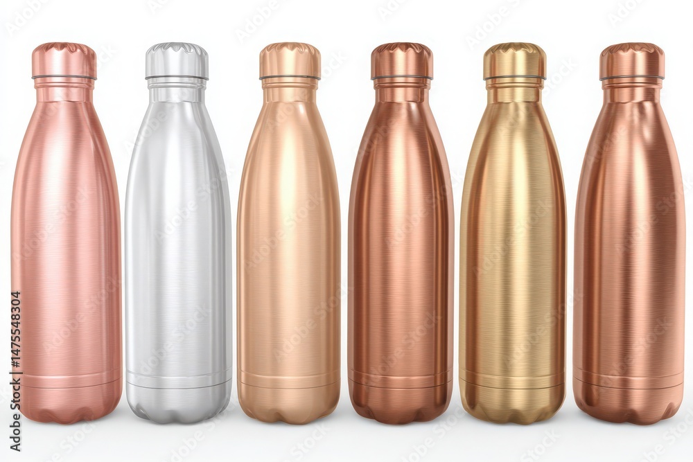 Six reusable water bottles in metallic finishes are arranged side by side. The bottles include silver, rose gold, copper, and bronze colors. Their sleek design showcases eco-friendly choices.