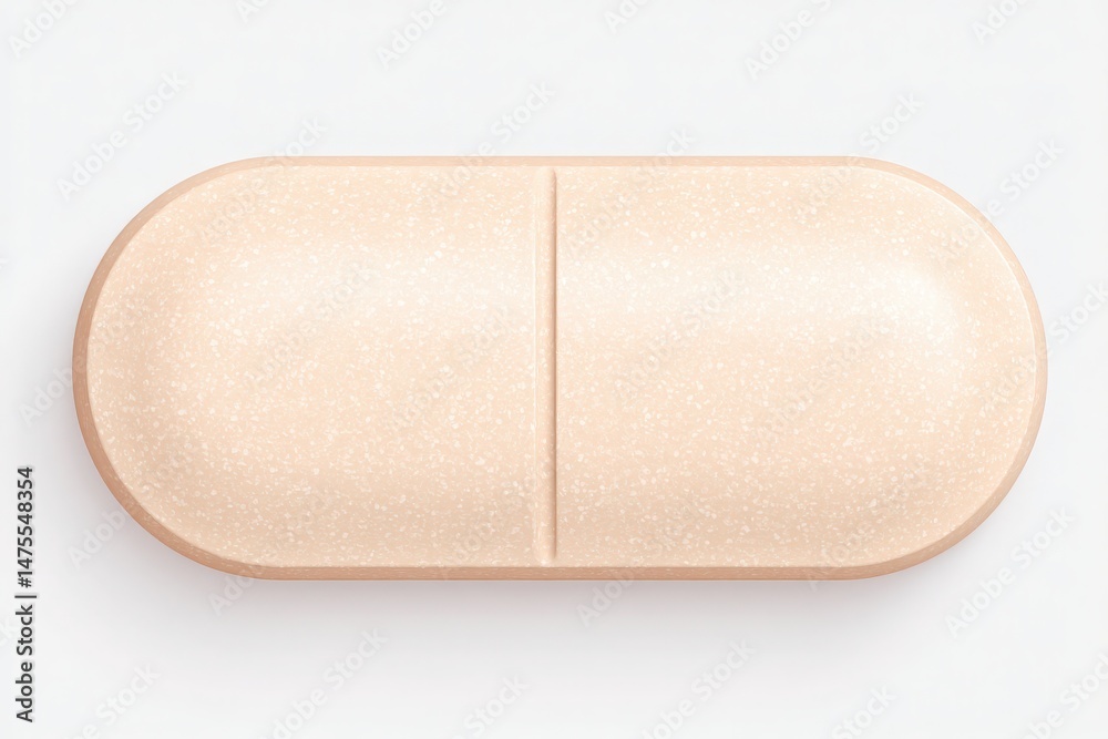 A smooth capsule in light beige rests on a neutral background, showcasing a clean design. Its surface is slightly glossy, reflecting soft light.