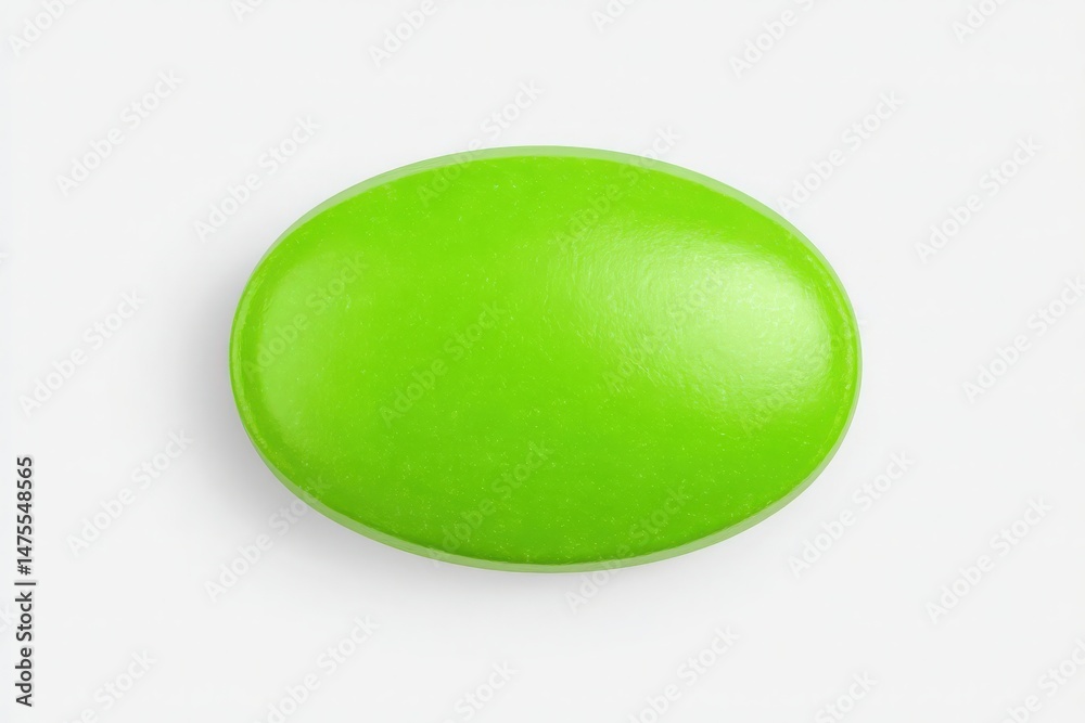 A vibrant green oval object sits on a smooth white background, capturing attention with its glossy finish and playful appearance. The candy-like design invites curiosity.