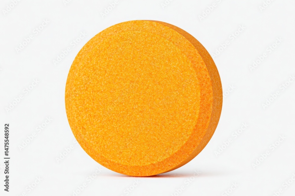 A round orange tablet is displayed on a clean white surface. Its smooth texture and bright color make it stand out. The focus on the tablet highlights its size and design.