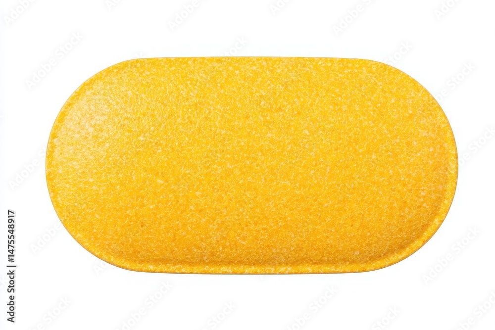 A close-up view of a bright yellow tablet displaying a smooth, elliptical shape. The tablet contrasts against a plain background, emphasizing its vibrant color and texture.