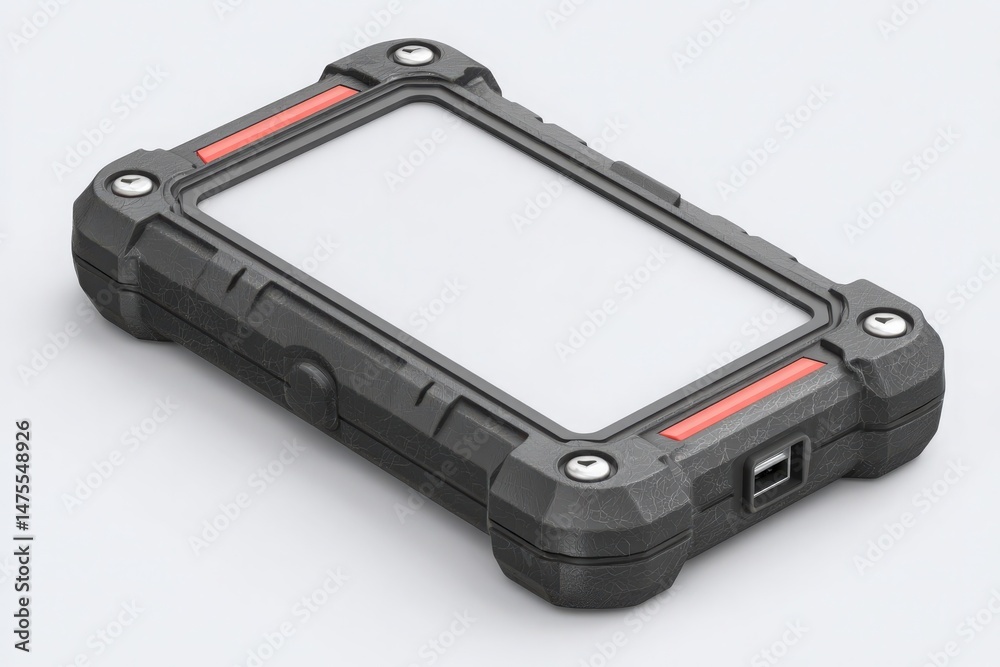 A practical portable LED work light showcases a robust design with rubber edges and a USB port. Ideal for outdoor activities, it provides essential lighting in challenging conditions.