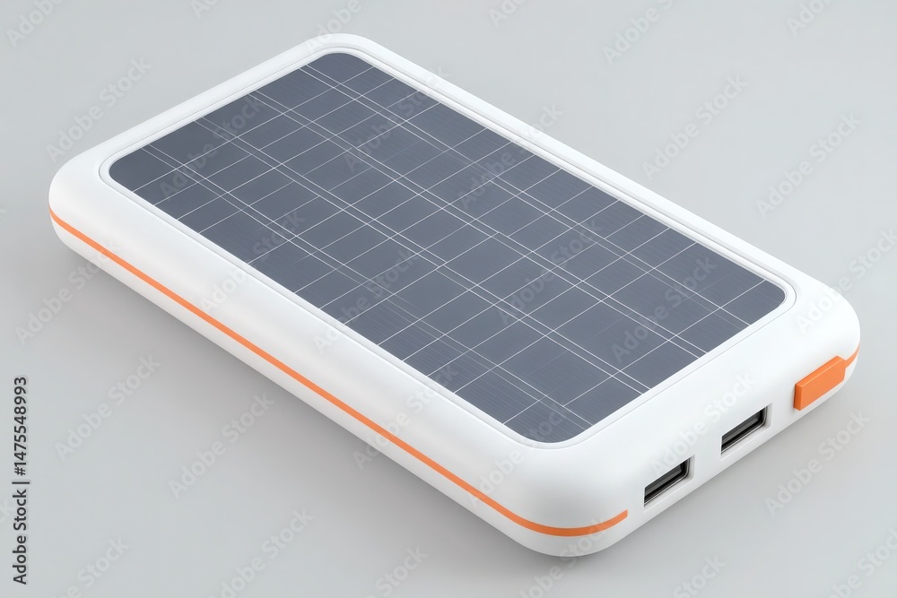 This portable solar charger features a sleek design with a solar panel top and dual USB ports. Its ideal for charging devices during outdoor adventures like camping or hiking.