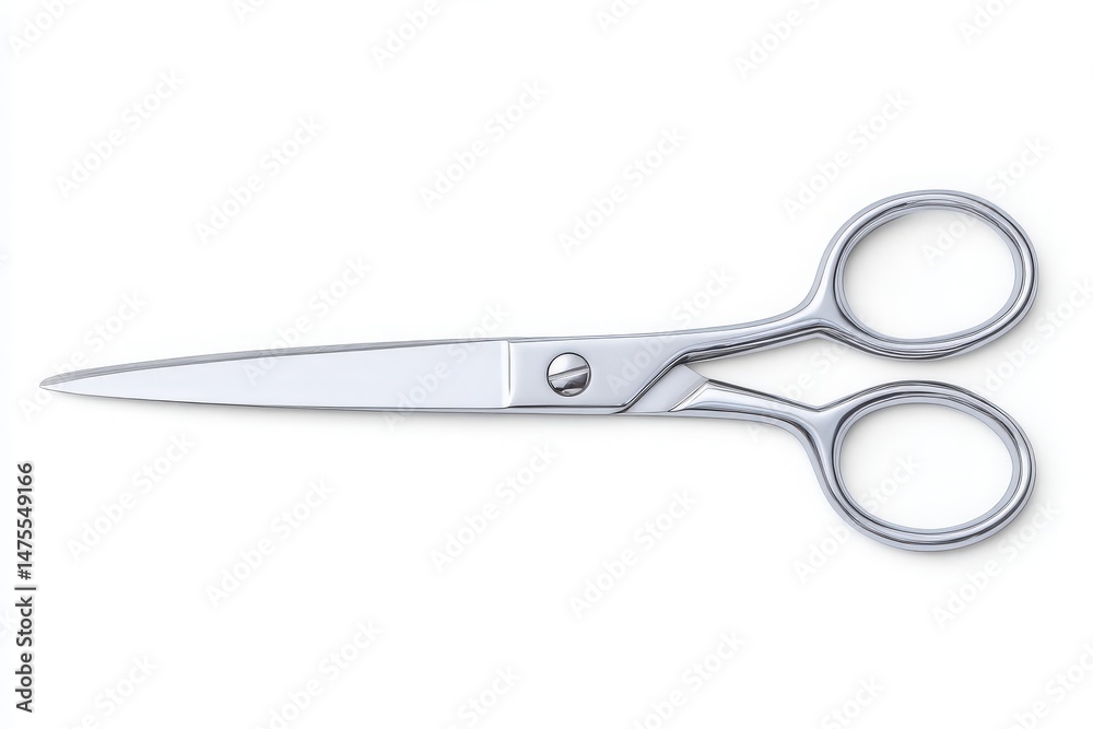 A pair of stainless steel scissors lies flat on a neutral background, showcasing its shiny finish and sharp blades.