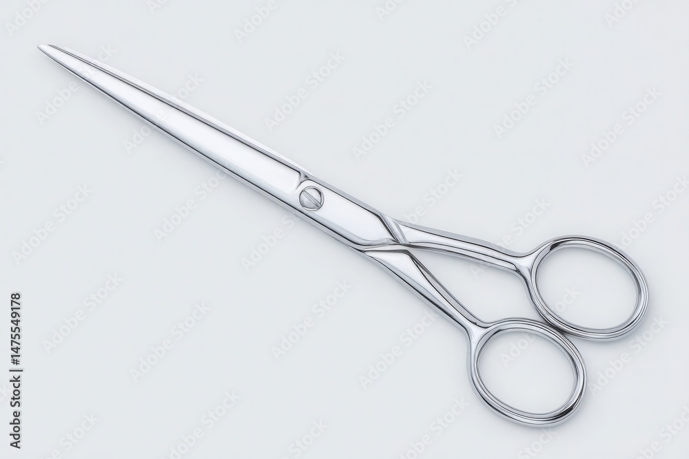 Craft scissors with shiny stainless steel blades rest on a smooth gray surface, ready for use in a variety of creative tasks like sewing, paper cutting, and DIY projects.