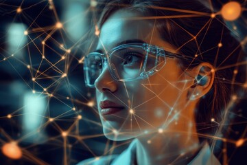 Poster - Network of connections surrounding a female scientist in a research setting, network of connections over caucasian female scientist working in lab