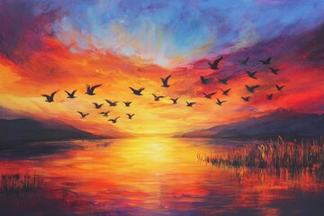 Poster - Birds soar against a vibrant sunset sky over a calm lake with colorful reflections, Birds in the sunset sky
