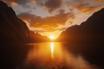 Poster - Sunset time lapse over dramatic fjord landscape with colorful skies and reflections, Sunset time lapse over dramatic fjord landscape, epic beauty ; Flam, Norway