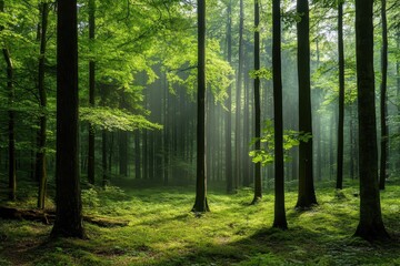 Poster - Misty forest clearing with tall trees and soft light filtering through leaves at dawn, Dark, misty forest with tall trees