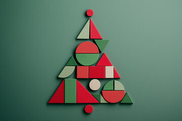 Wall Mural - Creative geometric arrangement resembling a Christmas tree made of colorful wooden shapes on a green background