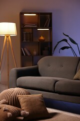 Aufkleber - Stylish living room with comfortable sofa and wooden shelving unit in evening. Interior design