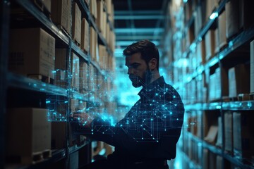 Poster - Analyzing data streams with digital icons in a storage facility at night, icons and data processing over caucasian man working in warehouse