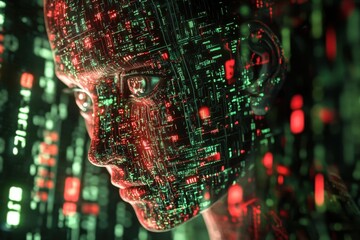 Poster - Digital data processing connects networks and reveals human-like features in vibrant colors, digital data processing over networks of connections