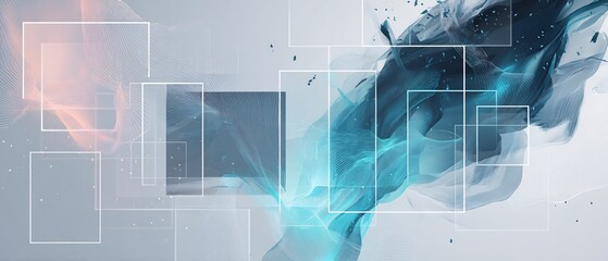 Poster - Dynamic interplay of translucent squares and flowing abstract elements background