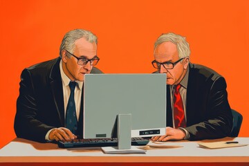 Poster - mature business colleagues collaborate on a desktop computer in a bright office setting, mature busi