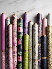 Poster - Creative Gift Wrap Rolls Arranged Beautifully on a Flat Surface for Festive Occasions and Celebrations