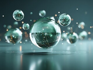 Poster - Abstract teal spheres floating above a rippled surface, connected networks visualization