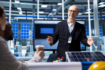 Poster - investors in photovoltaics plant office ensuring adherence to industry regulations before closing de