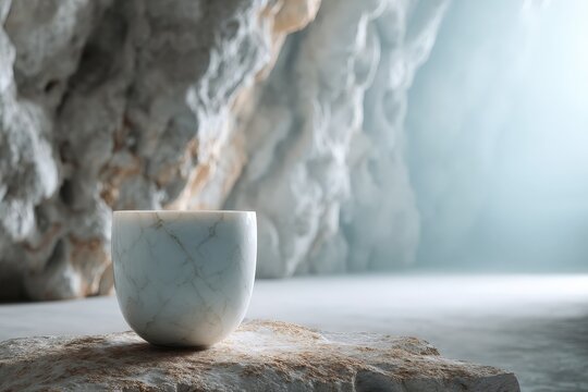 Elegant, marble cup in a natural stone cave setting.