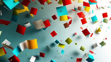 Poster - colorful paper squares and rectangles create vibrant and dynamic celebration of joy against soft blu