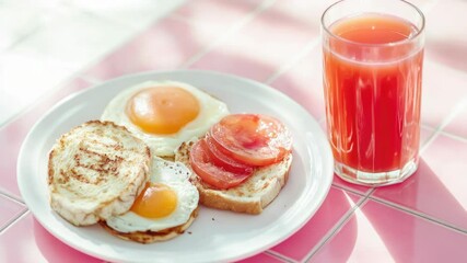 Poster - A breakfast plate with a glass of juice, perfect for morning meal or snack