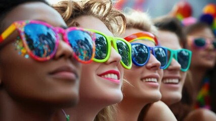 Poster - Group of young women posing together wearing trendy and bright sunglasses, ideal for use in fashion or lifestyle content