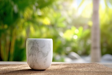 Poster - Elegant white ceramic mug on a textured surface outdoors.