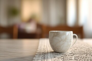 Poster - Blurred interior scene with a cream-colored cup on a table.
