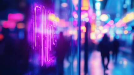 Aufkleber - A close-up view of a neon sign on the side of a building, with bright colors and city lights in the background