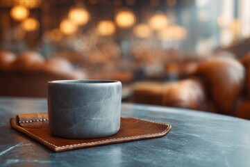Poster - Gray stone coffee cup on leather coaster in a cafe.