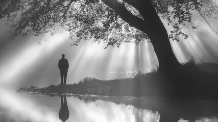 Poster - A person standing alone under a tree on a calm lake, perfect for scenery or solitude-related themes