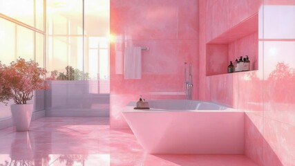 Poster - A bathroom scene with a bath tub and a plant, suitable for interior design or lifestyle photos