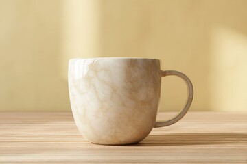 Fototapete - Cream-colored mug with a marble design on a wooden surface.