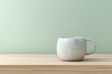 Fototapete - Light gray mug on a light wooden surface against a mint green background.