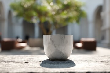 Fototapete - Close-up of a simple, marble-patterned cup outdoors.