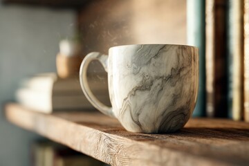 Poster - Cozy ceramic mug on a wooden shelf.
