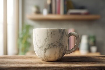 Poster - A gray and white marble patterned mug on a wooden surface.