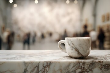Poster - Softly focused cup on a marble surface, art gallery background.