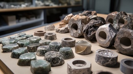 Poster - Array of polishing wheels and diamond paste tubes on a jeweler's bench with uncut stones