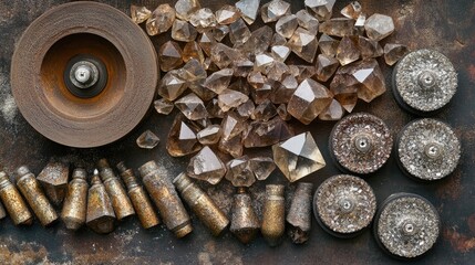 Poster - Array of polishing wheels and diamond paste tubes on a jeweler's bench with uncut stones