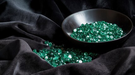 Poster - Artistic composition of polished emeralds and abrasives on a black velvet work surface