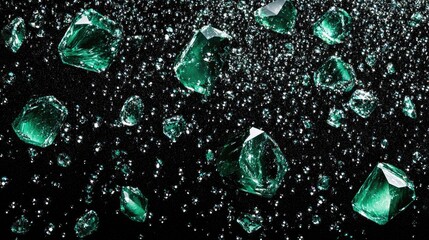 Poster - Artistic composition of polished emeralds and abrasives on a black velvet work surface