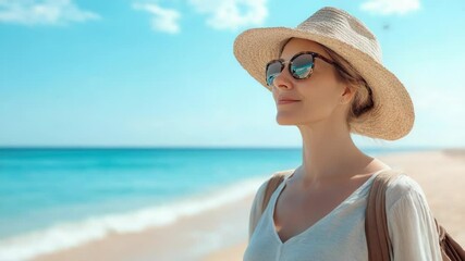 Poster - A woman wearing a hat and sunglasses relaxes on a sunny beach