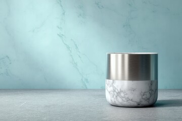 Poster - Empty, cylindrical, marble and metal pedestal against a teal wall.