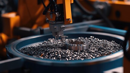 Poster - Automated jewelry production line with robotic arms assembling metal components on a conveyor system in a clean facility