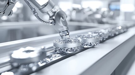 Poster - Automated jewelry production line with robotic arms assembling metal components on a conveyor system in a clean facility