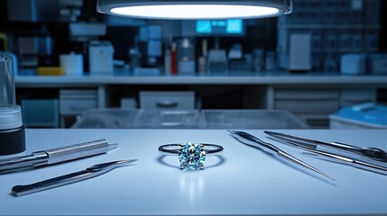 Poster - Diamond ring under bright lamp with fine inspection tools arranged neatly around it