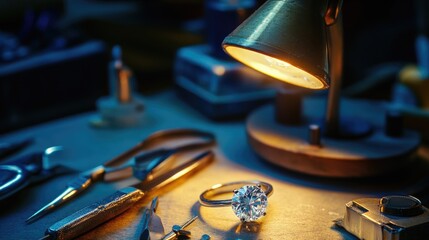 Poster - Diamond ring under bright lamp with fine inspection tools arranged neatly around it