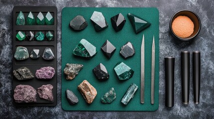 Poster - Digital scales and hardness testing tools arranged near a polishing mat with several graded gems
